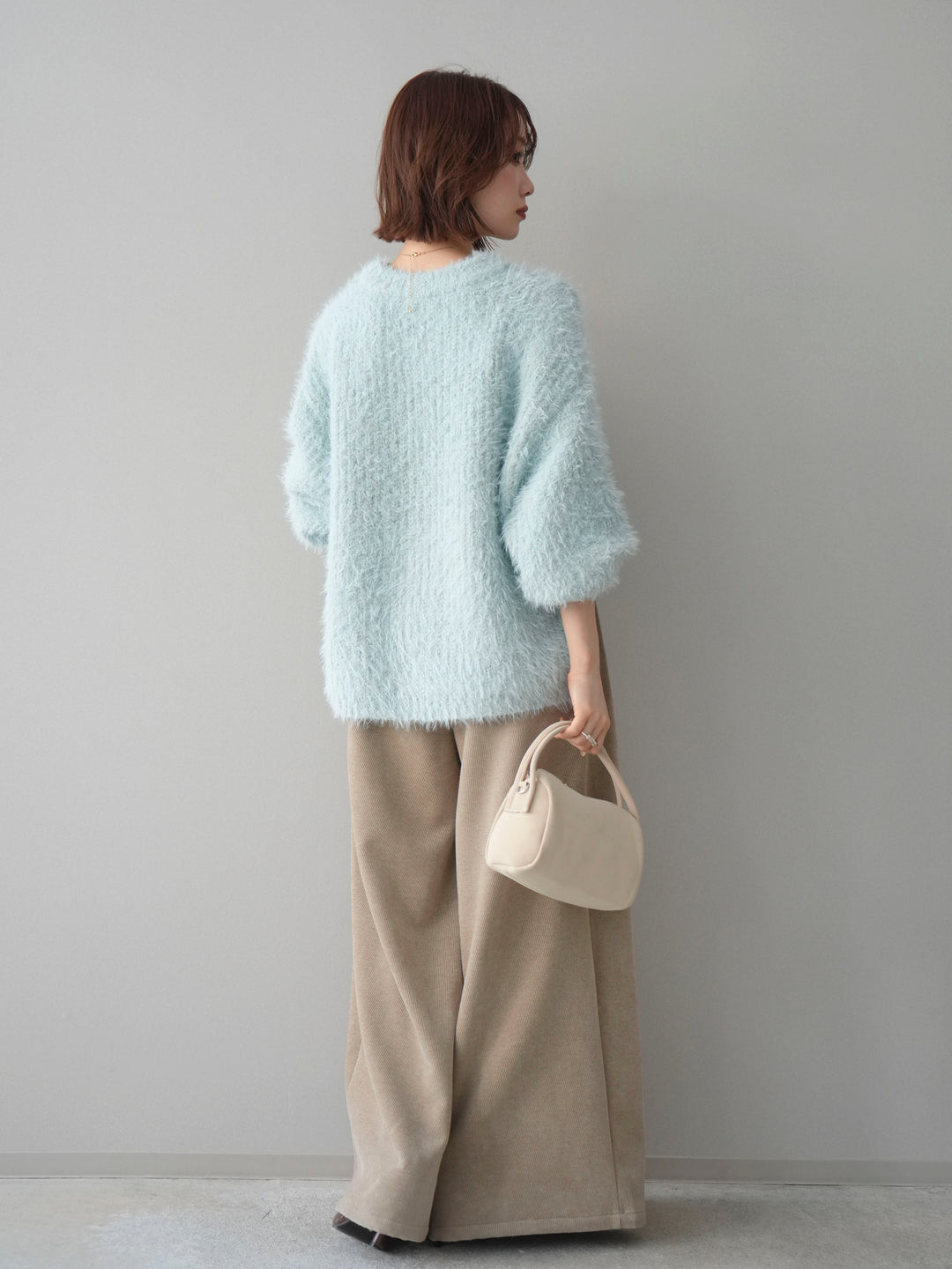 [SET]ボリュームスリーブシャギー MIXニットプルオーバー+ベルトデザインループコールテンワイドパンツ(ベルト付き)(2set)