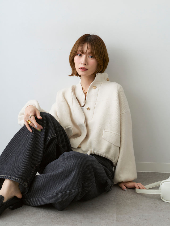 [SET]ゴールドボタンニットショートジャケット+カップ付テレコリブベアキャミソール(2set)