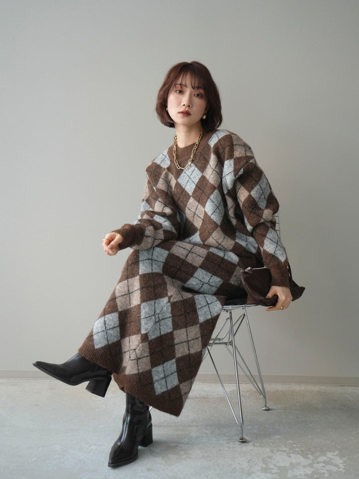 [SET]アーガイルニットプルオーバー&ロングスカートSET UP(2set)