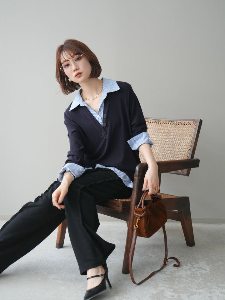 [予約]シャツレイヤードデザインカットプルオーバー/navy