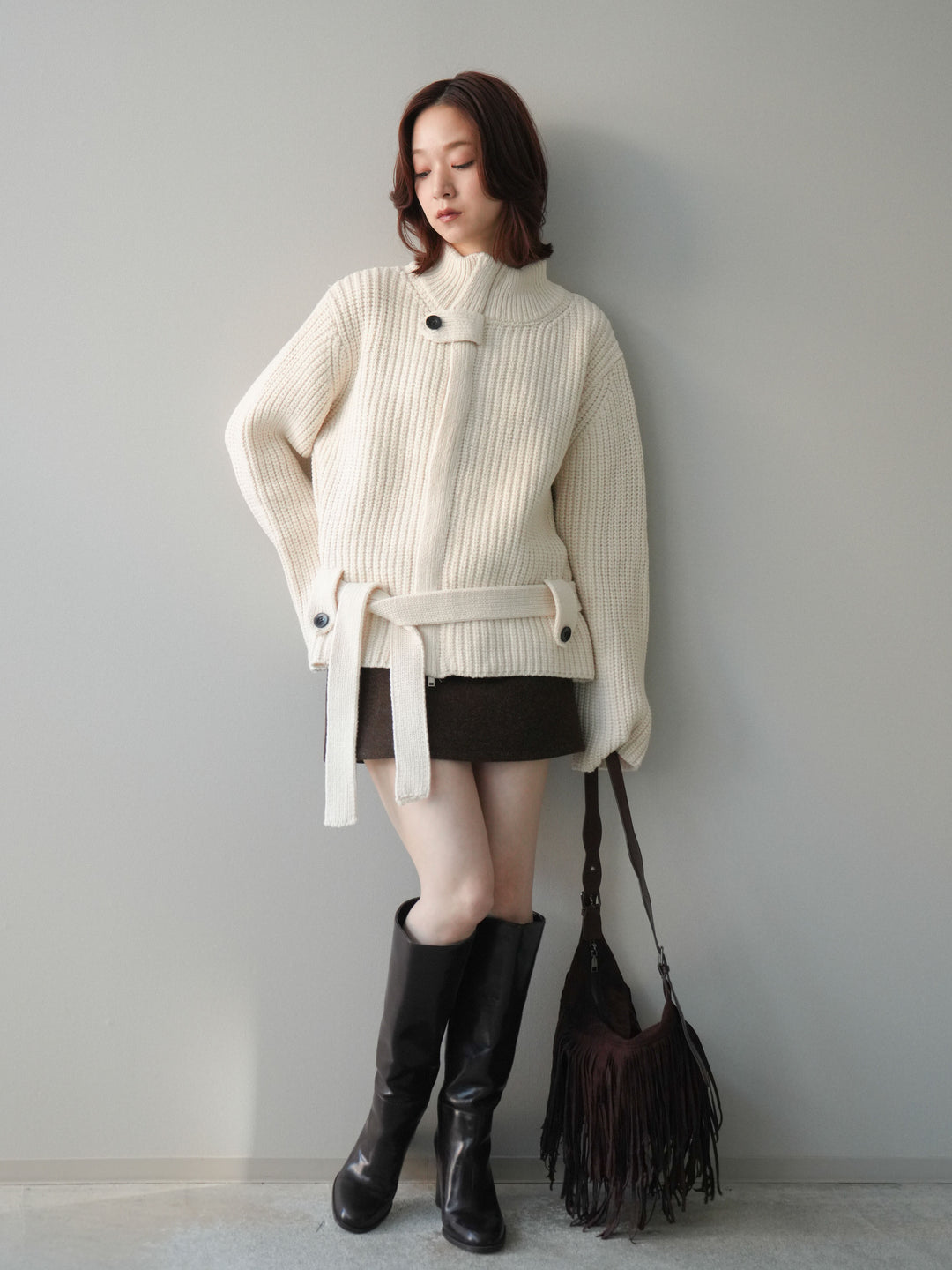 [SET]畦編みボトルネックZIPニットカーディガン+ウールタッチベルト付ミニスカート(2set)