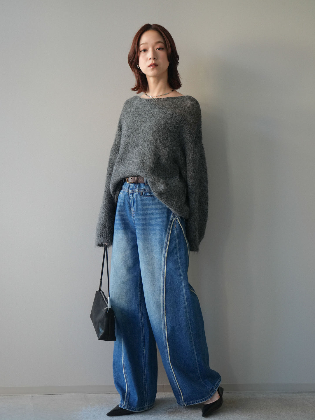 [SET]透かしデザインニットプルオーバー+サイドフリンジワイドデニムパンツ(2set)