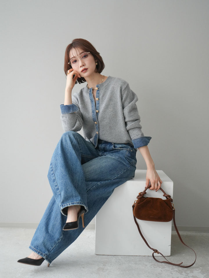 [SET]クルーネックデニムドッキングニットカーディガン+選べるアクセセット(2set)