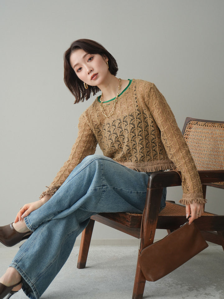 [予約]扇透かし編みクロップドニットプルオーバー/beige