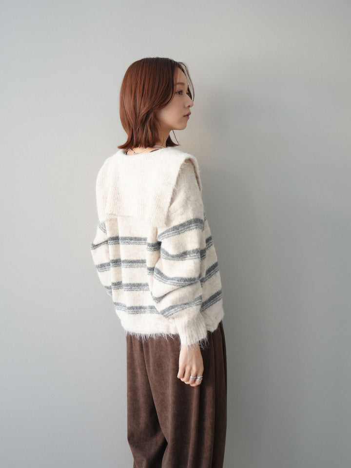 [予約]ハーフジップボーダーニットプルオーバー/ivory