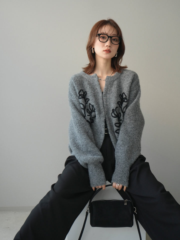 [SET]テープ刺繍ホック開きブークレニットカーディガン+ベルトループデザインワイドパンツ(2set)