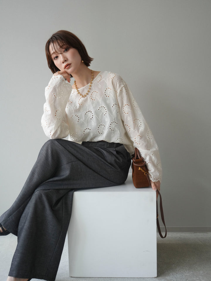 [予約]カットワークレースバックオープンブラウス/ivory
