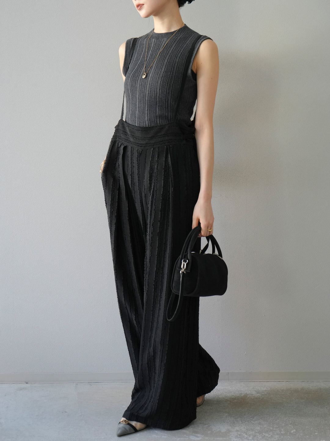 [予約]ジャガードストライプサロペット/ブラック