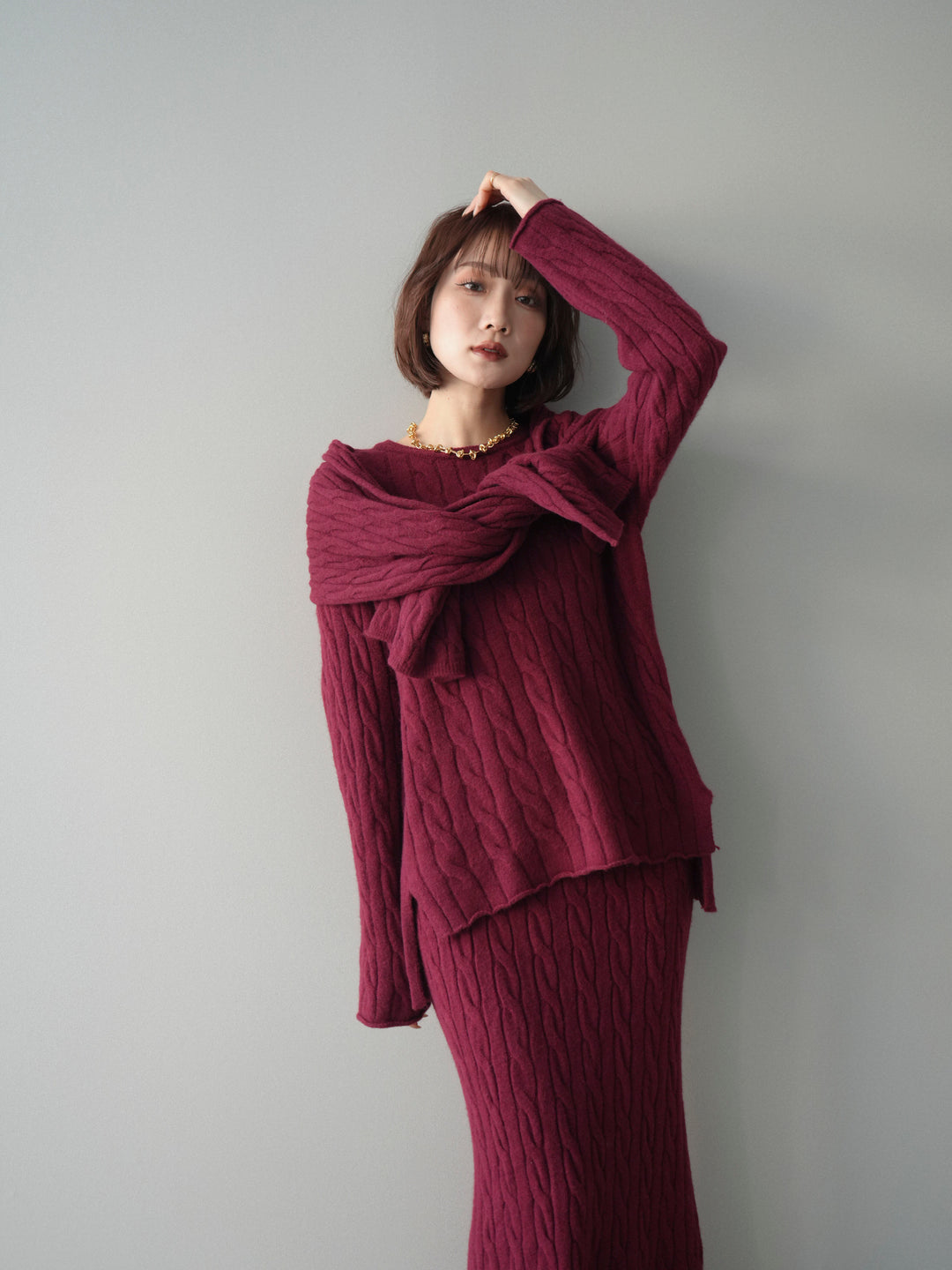 [SET]ストール付ケーブルニットプルオーバー&ロングスカートSET UP(2set)