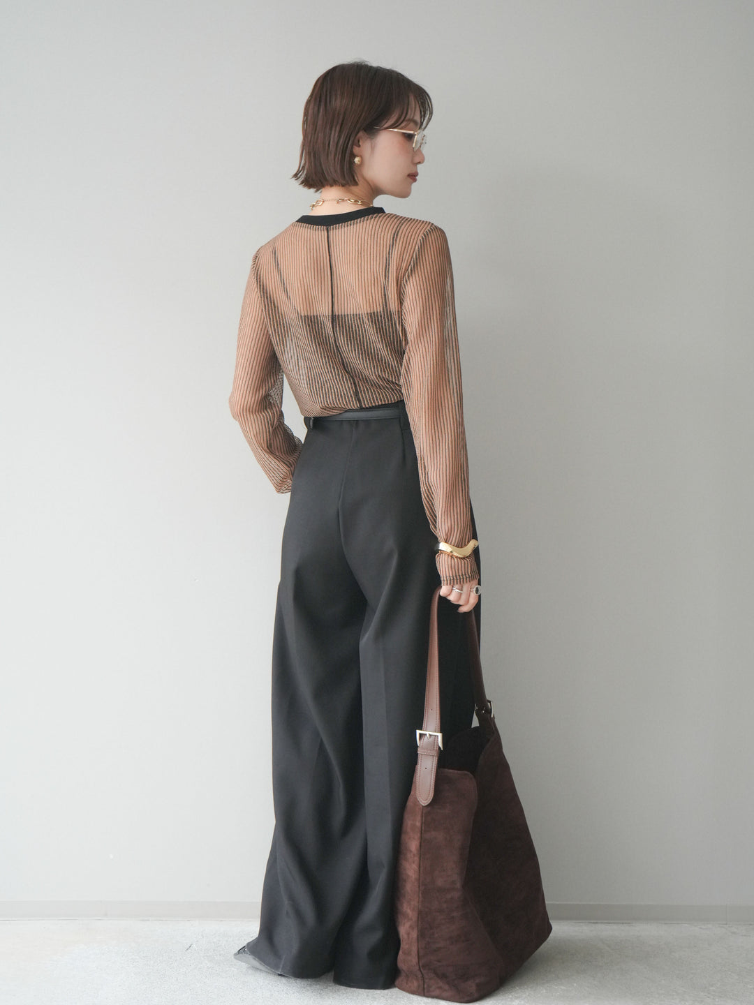 [SET]シアーストライプメッシュトップス+ドレープタックベルトループパンツ(2set)