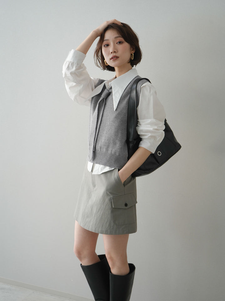 【套裝】蝴蝶結針織背心套裝襯衫+繫帶工裝迷你裙（兩件組）