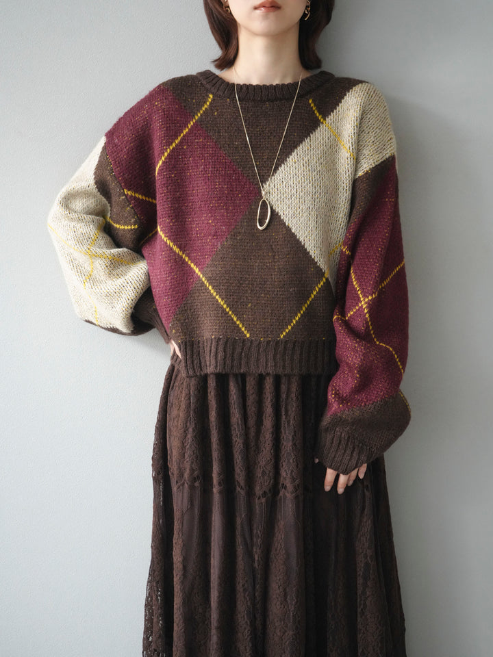 [SET]配色ステッチアーガイル柄ニットプルオーバー+ヴィンテージライクメッシュレーススカート(2set)