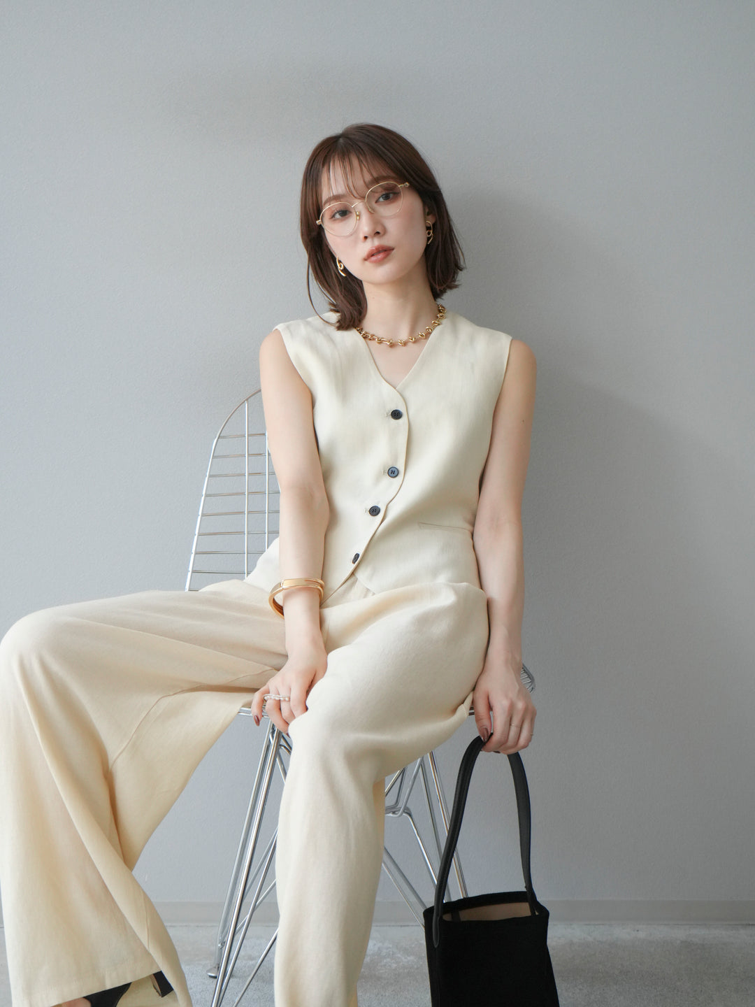 [SET]Vネックジレ＆ワイドパンツSET UP(2set)