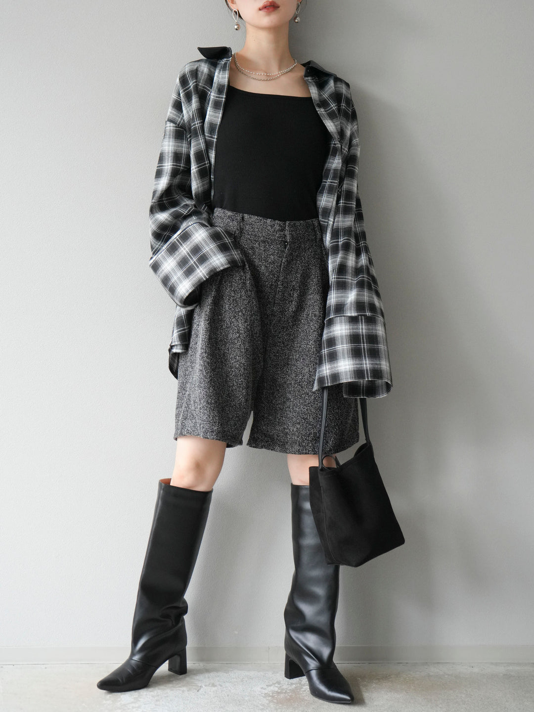 [予約]レザー襟オンブレチェックオーバーシャツ /ブルー