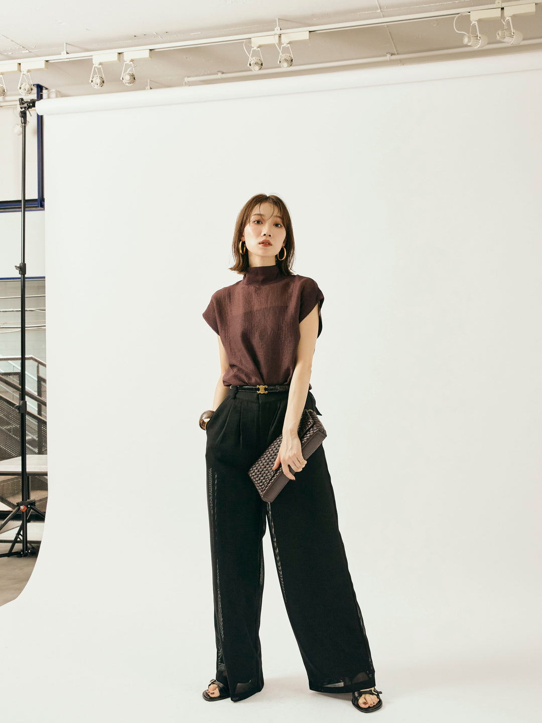 【Allure】[SET]シャイニーシアーブラウス+メッシュタックワイドパンツ(2set)