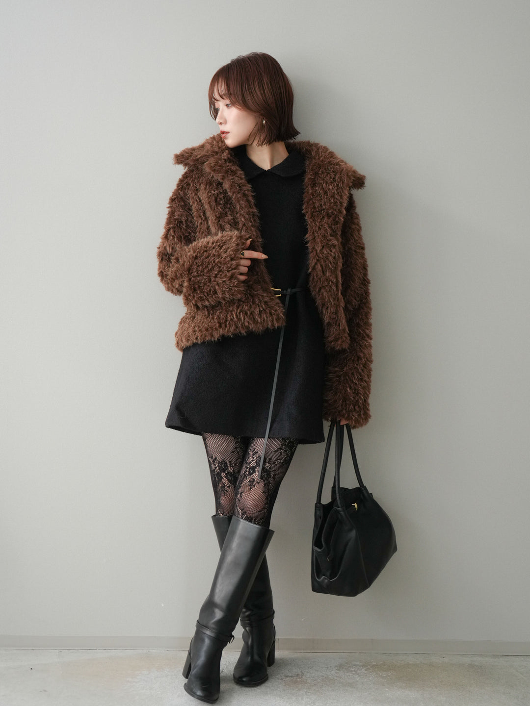 [SET]襟付きブークレミニワンピース+フェイクファー襟付きショートブルゾン(2set)