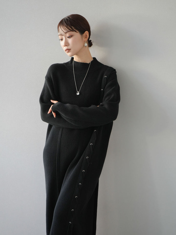 [SET] 不對稱繫帶高領針織連身裙 + 可選飾品套裝 (2套)