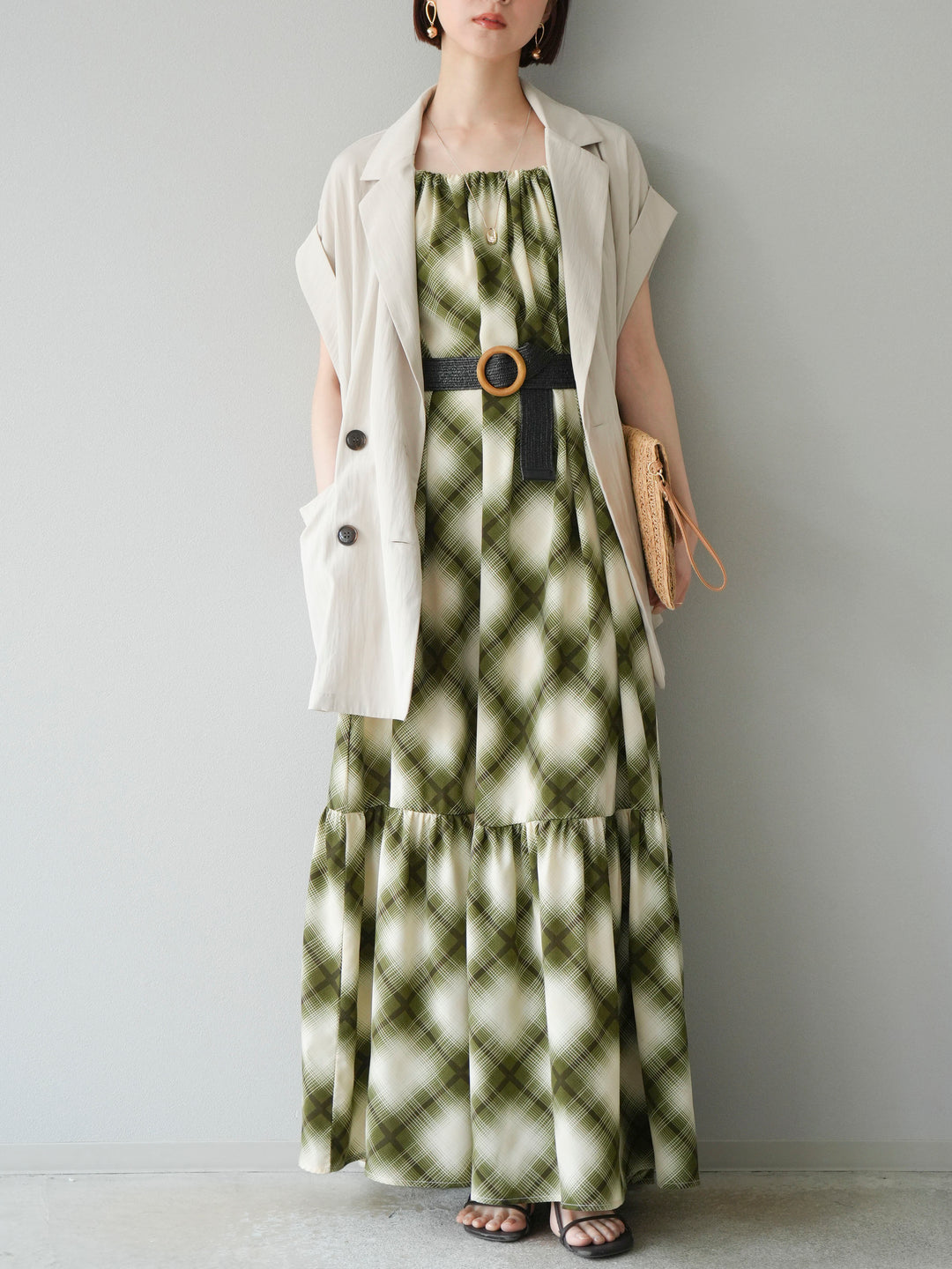 [SET]ベルト付チェックノースリーブワンピース+リネンライクノースリーブダブルジレ(2set)