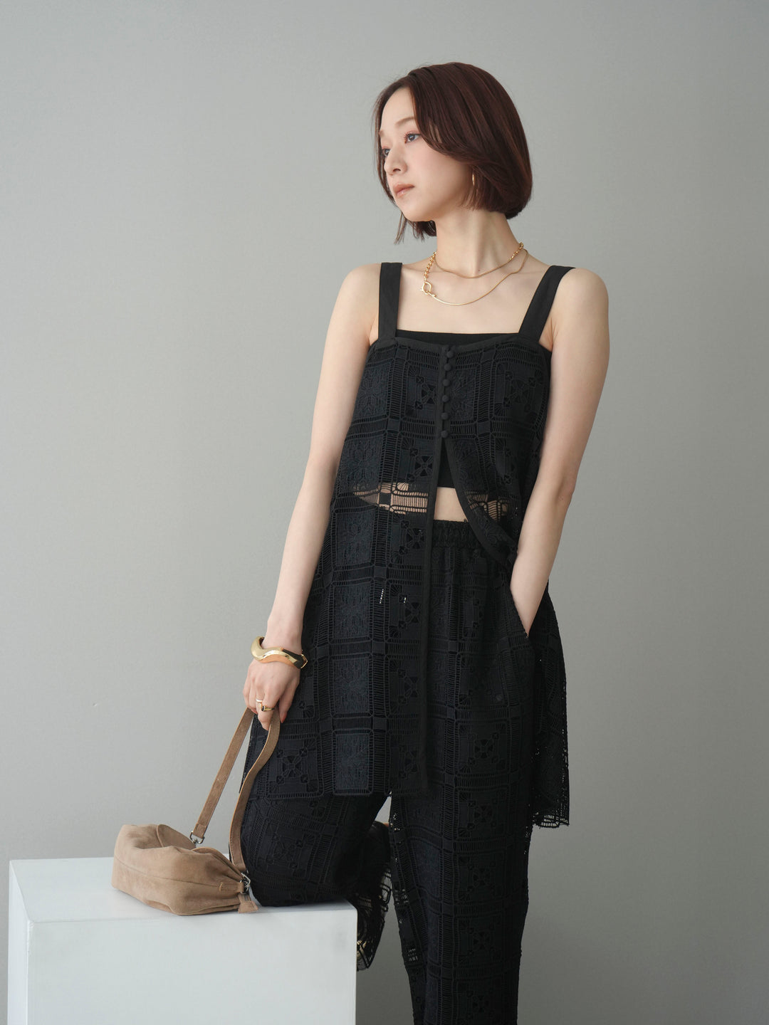 [SET]配色パネルレースキャミソール+パネルレースイージーパンツ(2set)