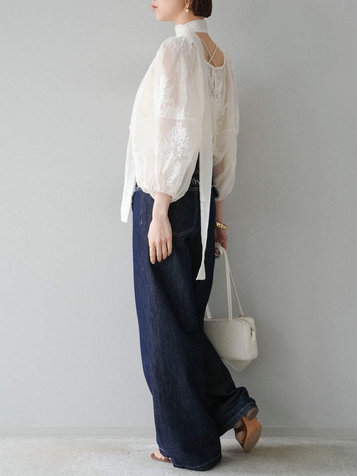[SET]刺繍シアーバルーンスリーブブラウス+ヒップデザインデニムパンツ(2set)