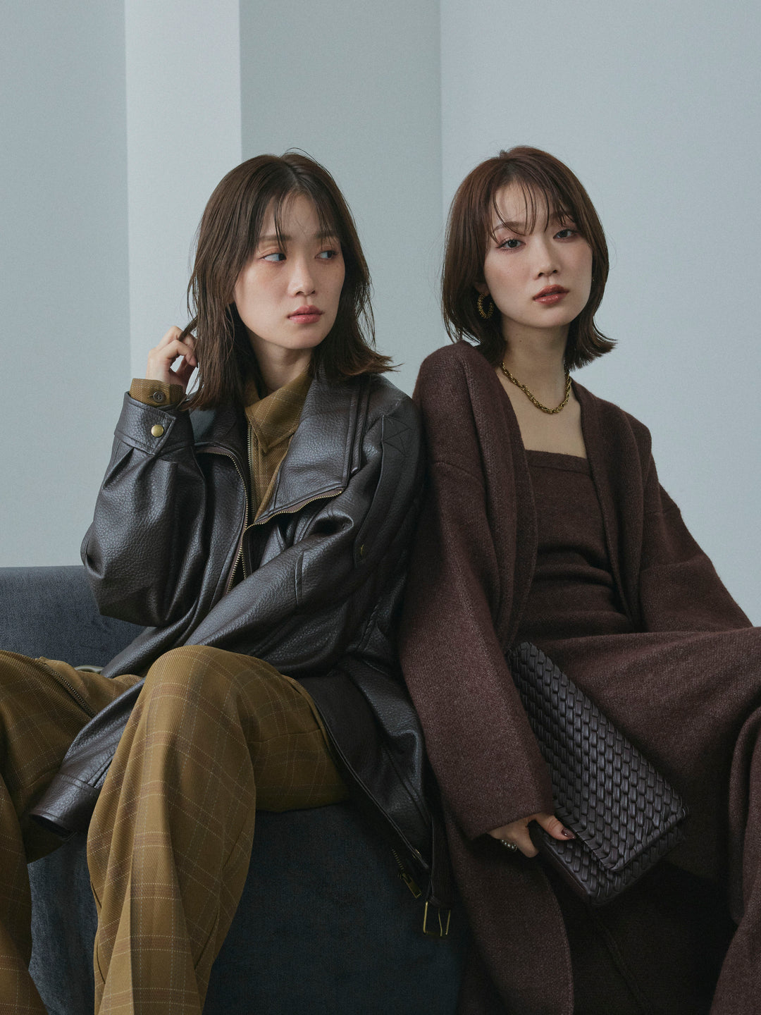 【Allure】[SET]ニットベアトップ＆ワイドパンツSET UP+レザーカラースウェードロングコート(2set)