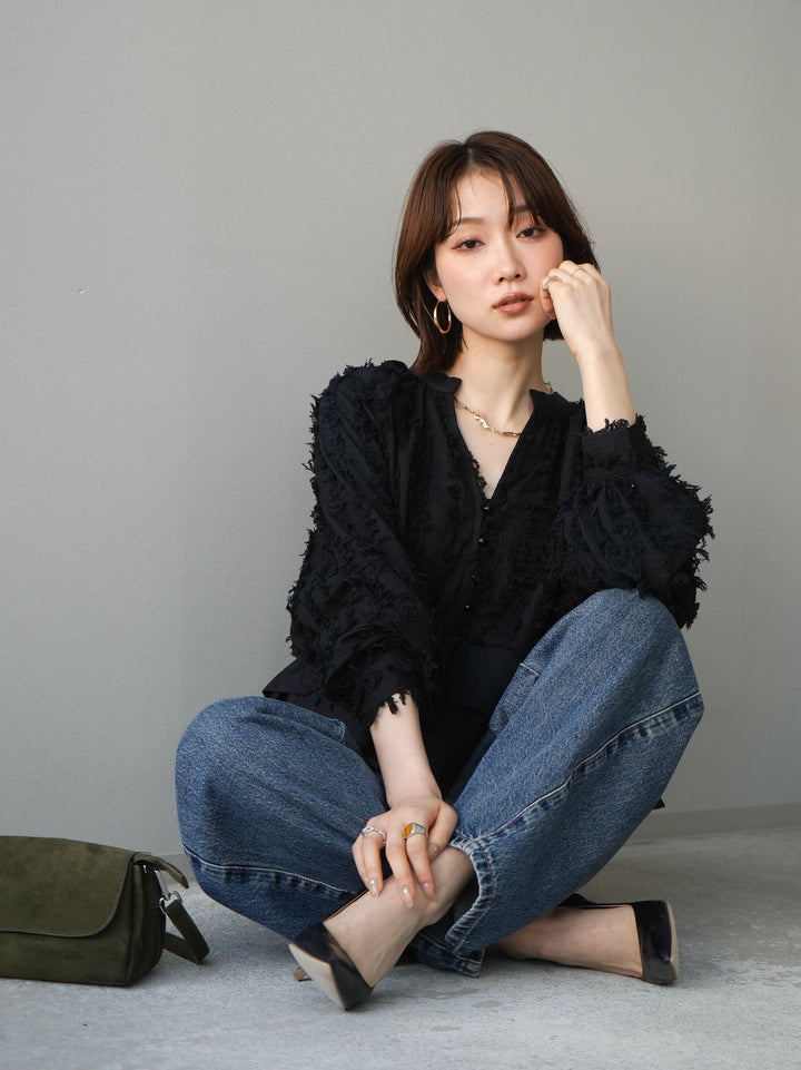 [SET]ジャガードぺプラムフリルブラウス+ダメージデニムセミワイドパンツ(2set)