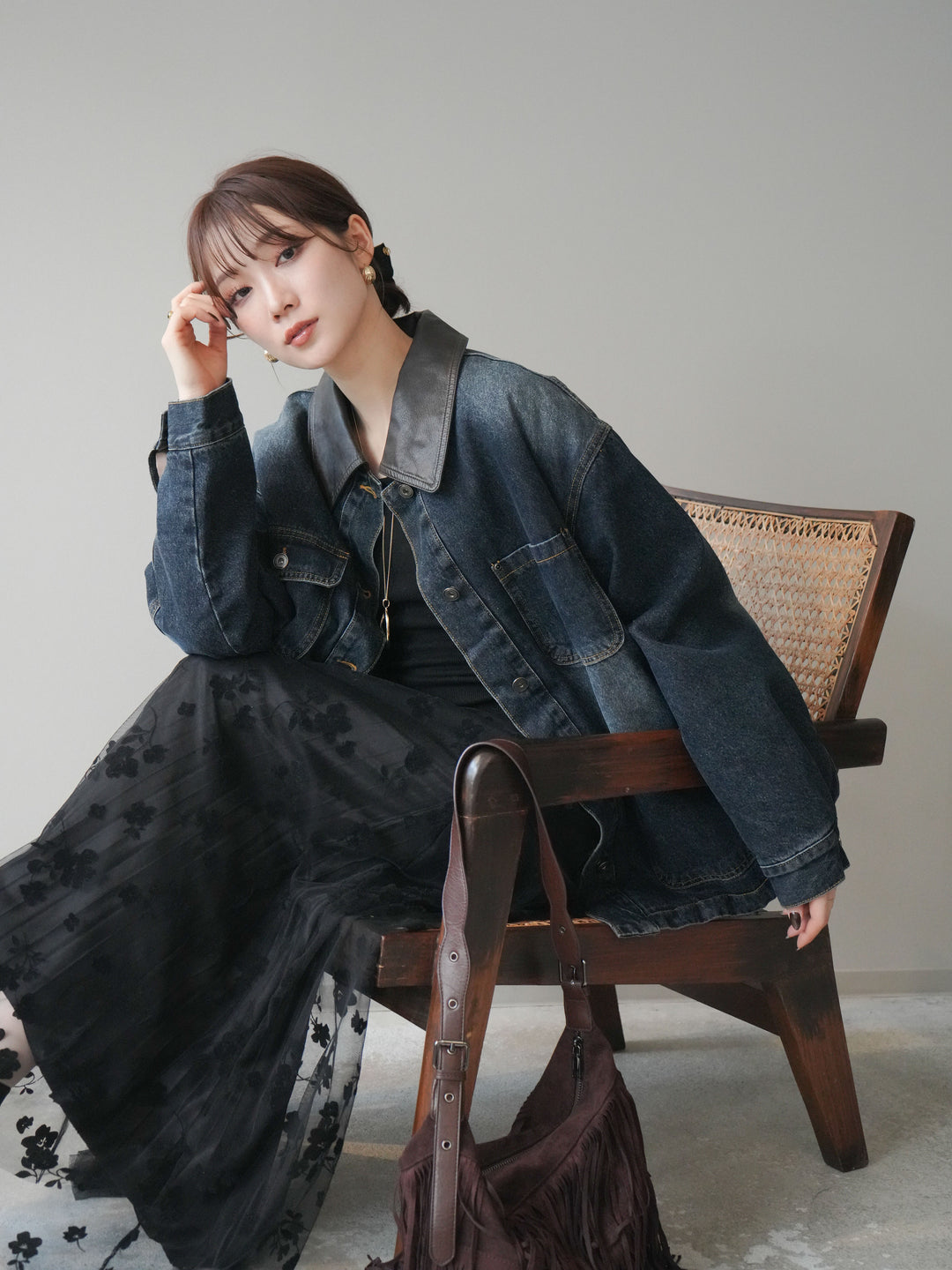 [SET]裏地ファーデニムフライトジャケット+フラワーフロッキーチュールプリーツスカート(2set)