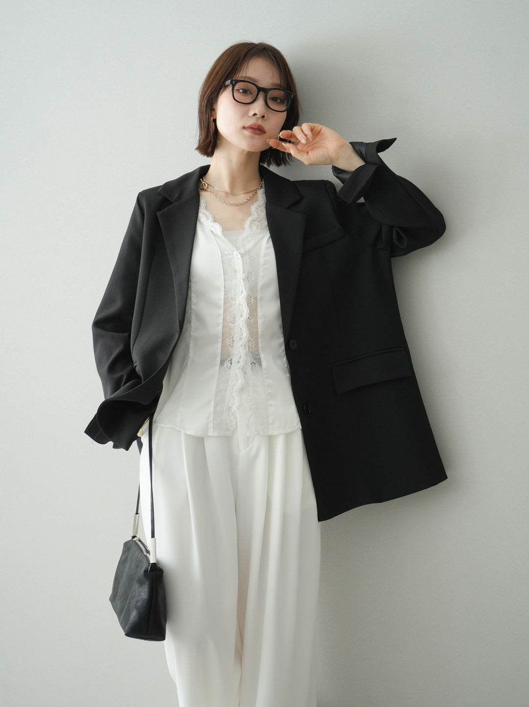 [SET]バックスリットデザインジャケット+ノースリサテンレースキャミソール(2set)