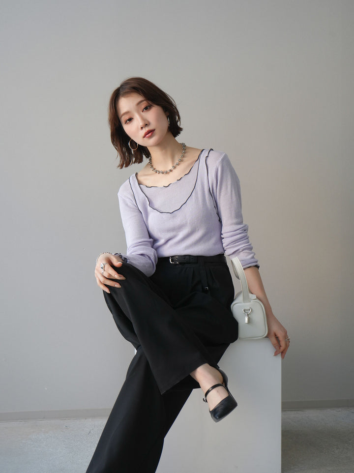 [SET]バイカラーメローアンサンブルシアーニットトップス+ベルト付キーホルダーモチーフワイドパンツ(2set)