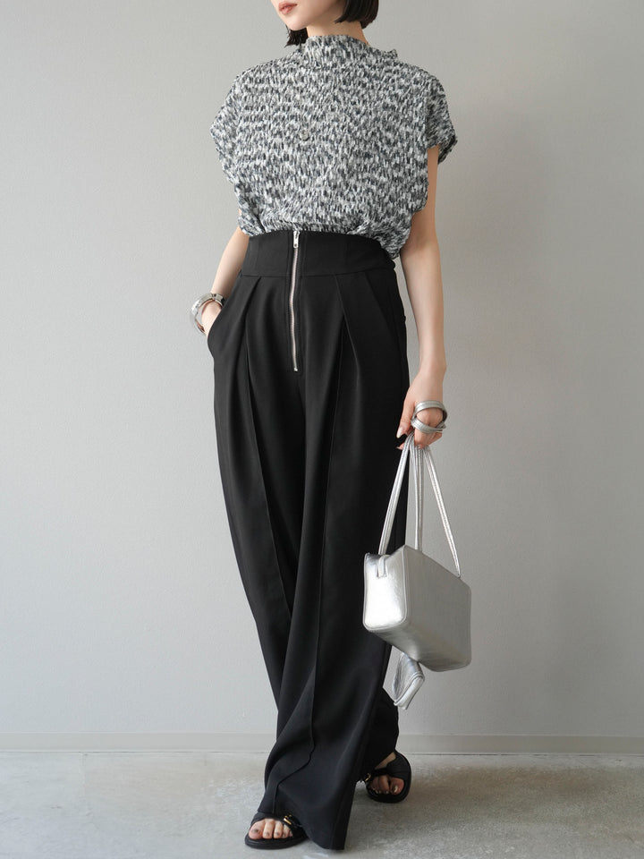 [SET] 多色隨機百褶法式上衣+拉鍊褶襉寬褲（2件套）