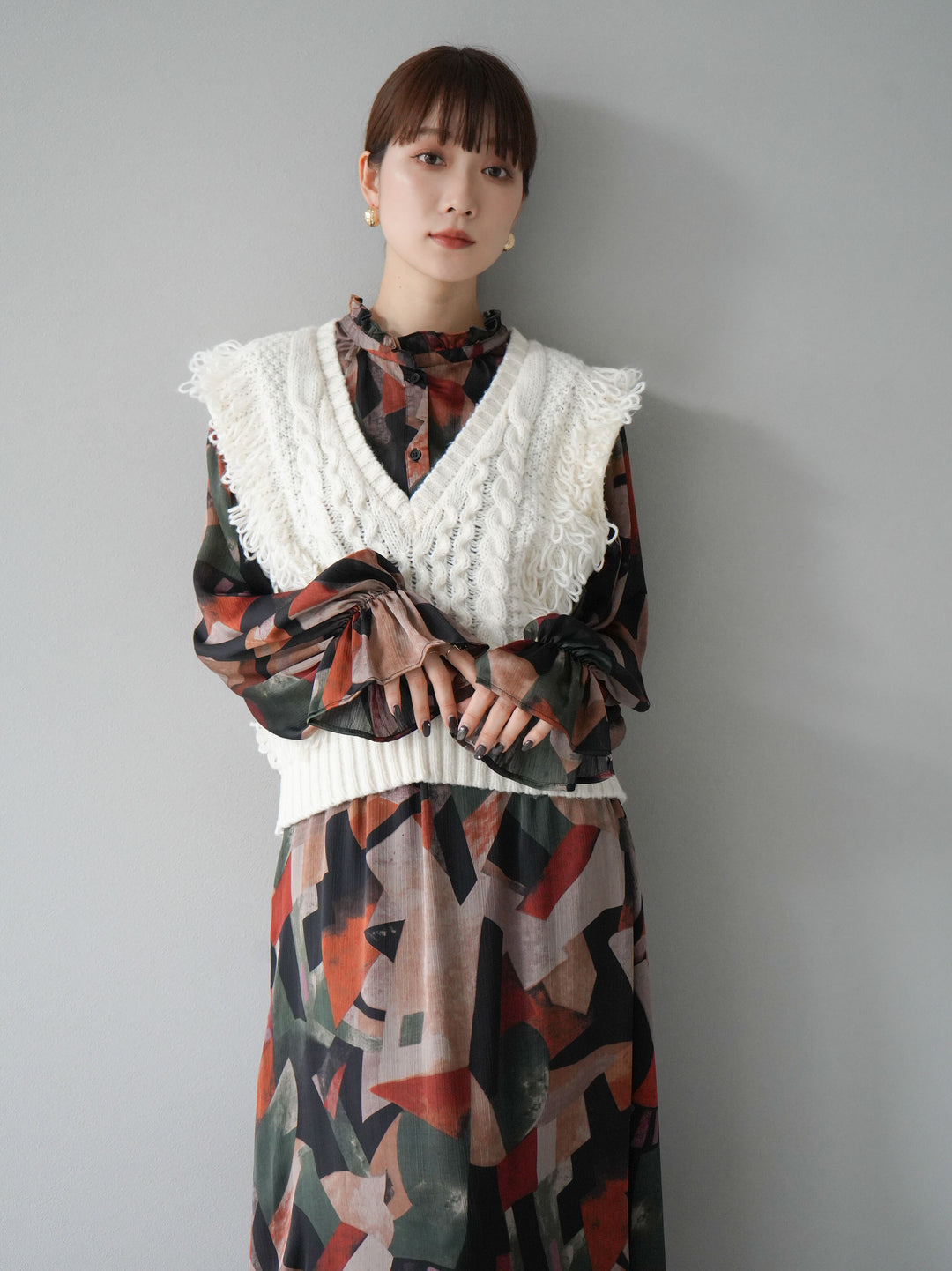 [SET]レトロプリントフリルブラウス+選べるアクセセット(2set)