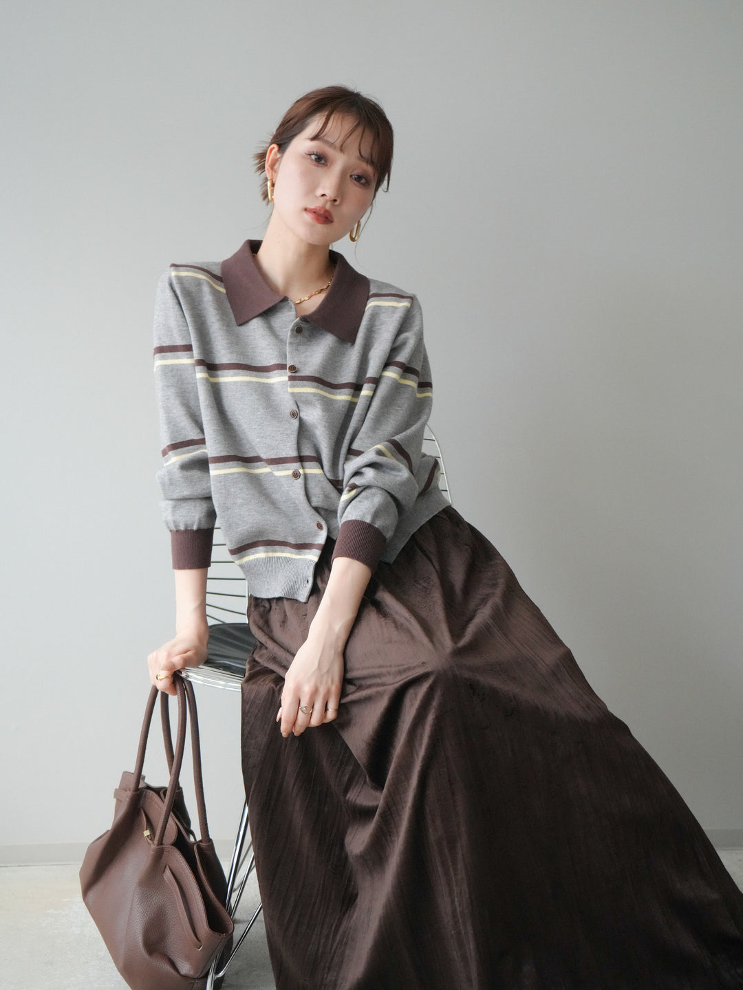 [予約]配色マルチボーダーポロニットカーディガン/gray