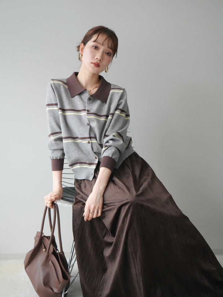 [予約]配色マルチボーダーポロニットカーディガン/gray