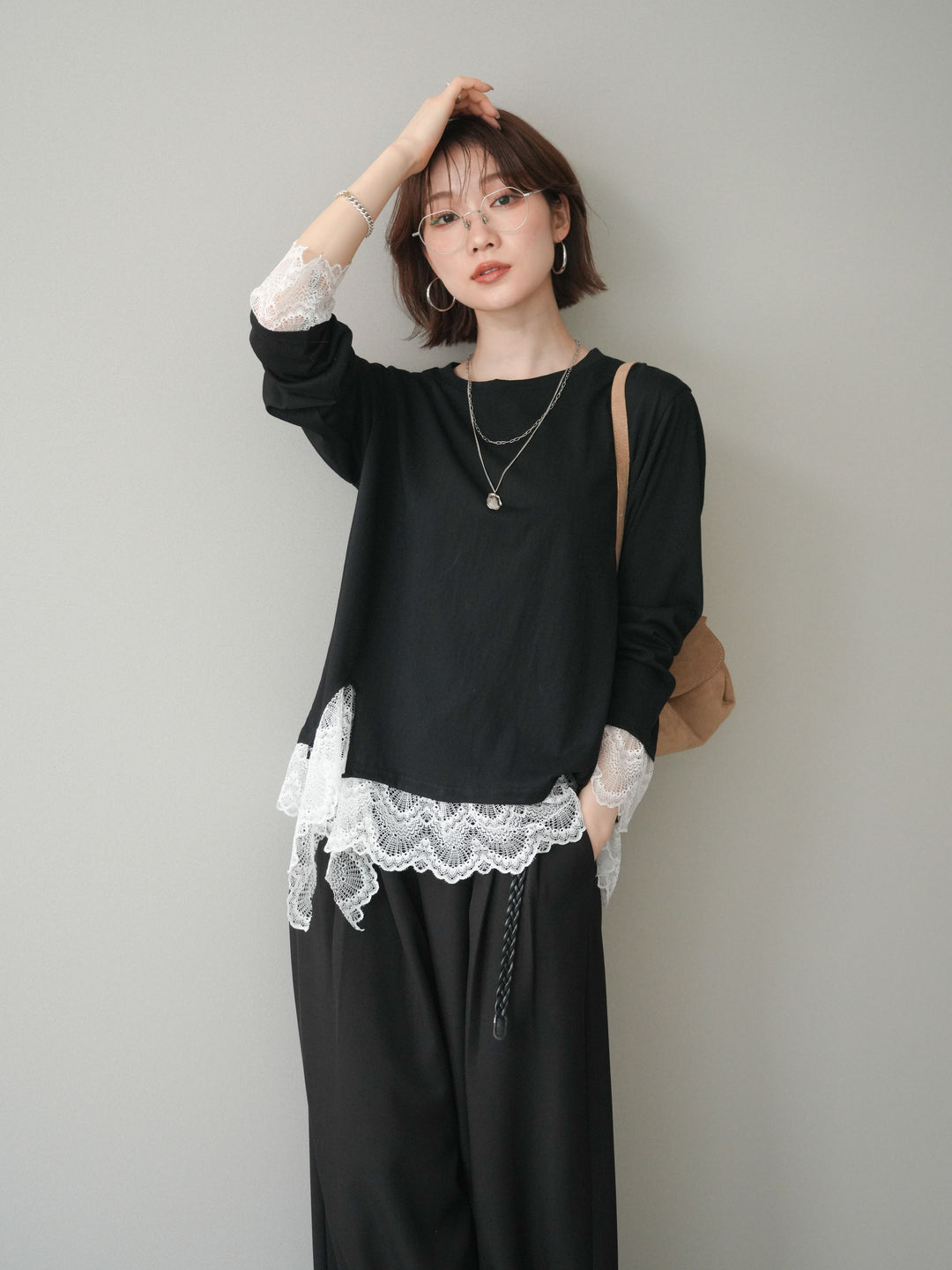 [予約]裾レースコンビカットソー/black