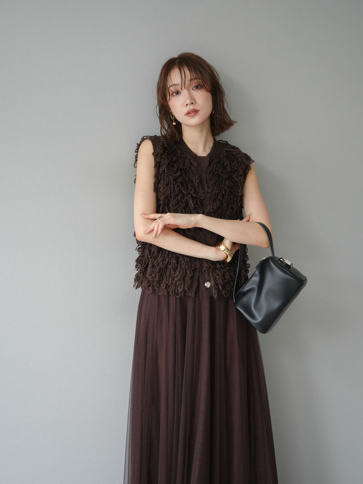 [SET] 前開衩針織背心 + 薄紗蓬鬆裙 (2 件套)