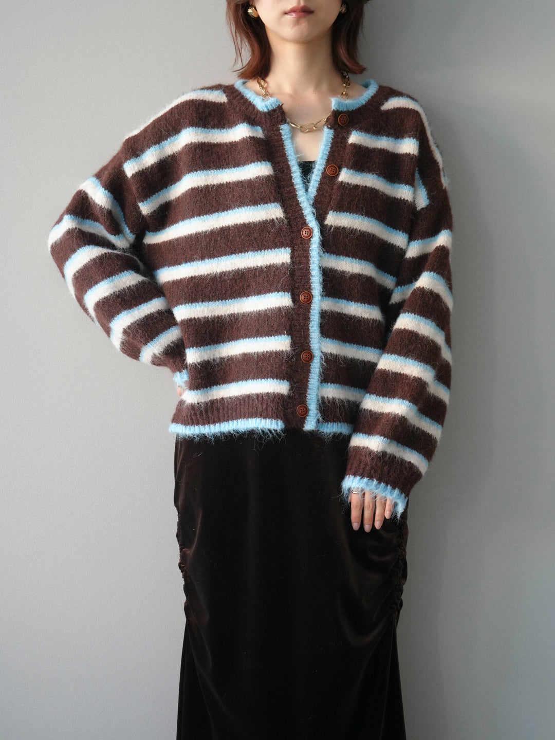 [予約]ウールタッチ配色ボーダーニットカーディガン/brown