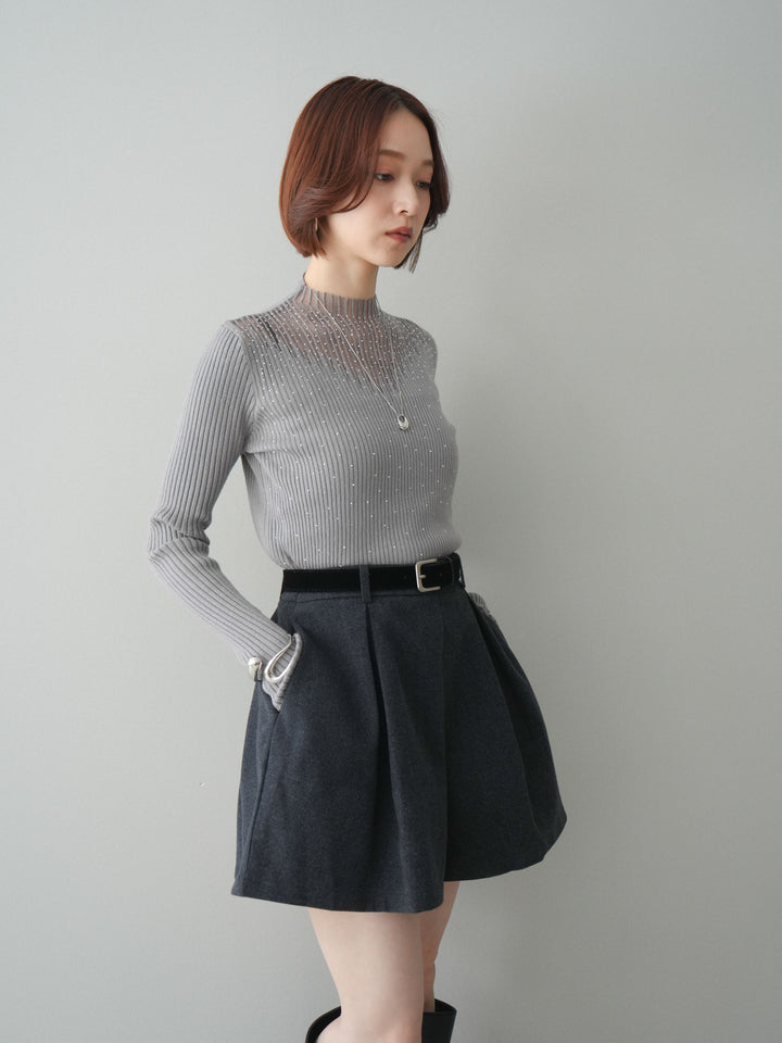 [SET]シアー切替スパンコールリブニットトップス+ベルト付きタックミニスカート(2set)