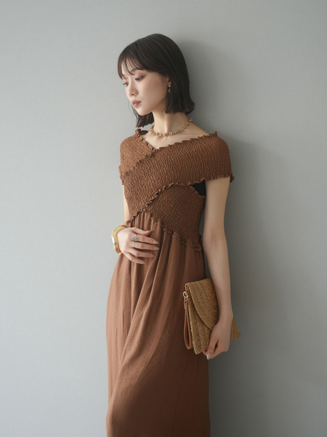 [SET]シャーリングクロスワンピース+シャーリングクロスワンピース(2set)