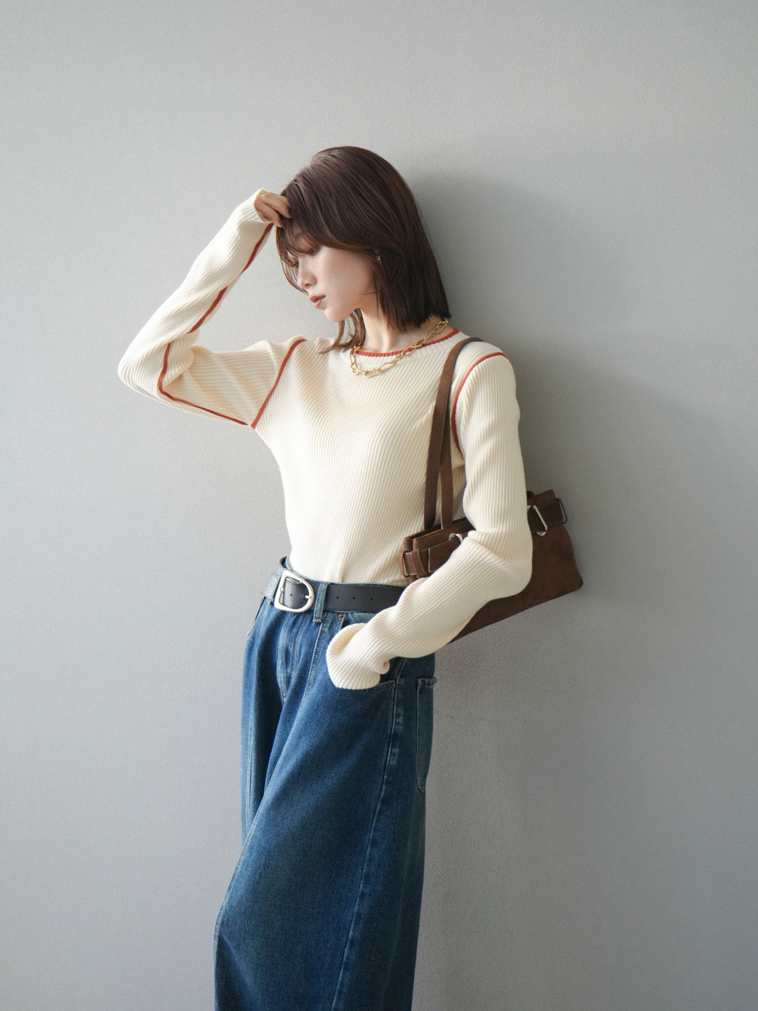 [予約]バイカラークルーネックリブニットトップス/ivory