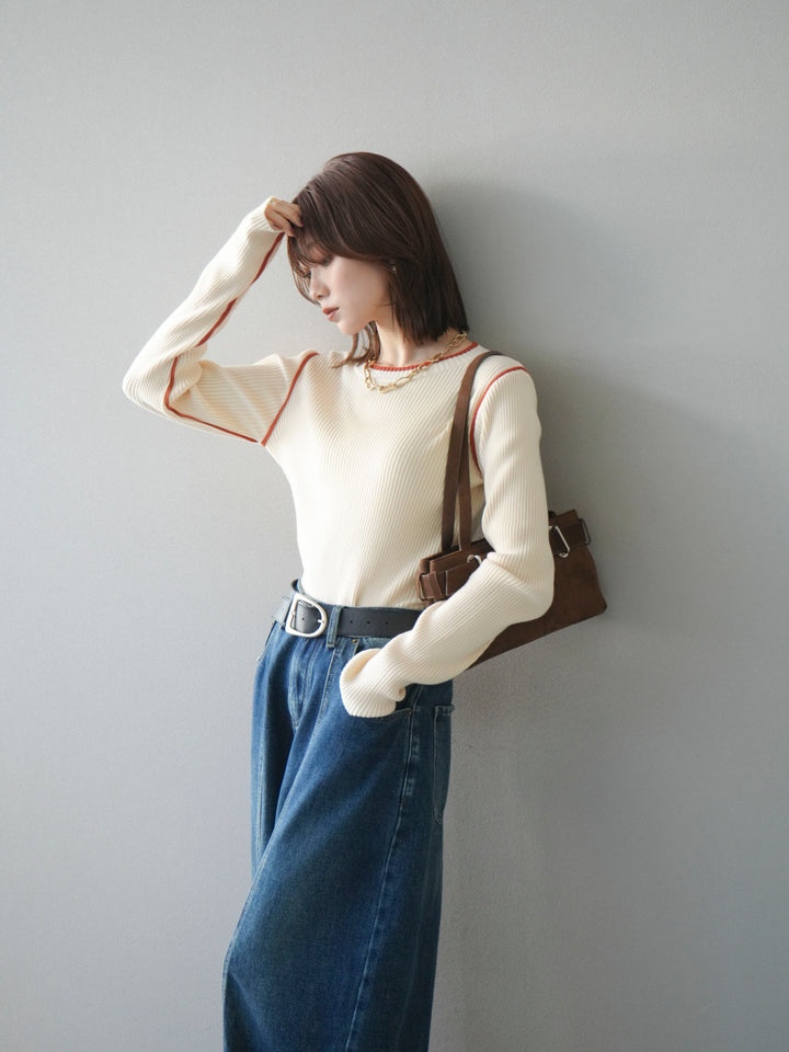 [予約]バイカラークルーネックリブニットトップス/ivory