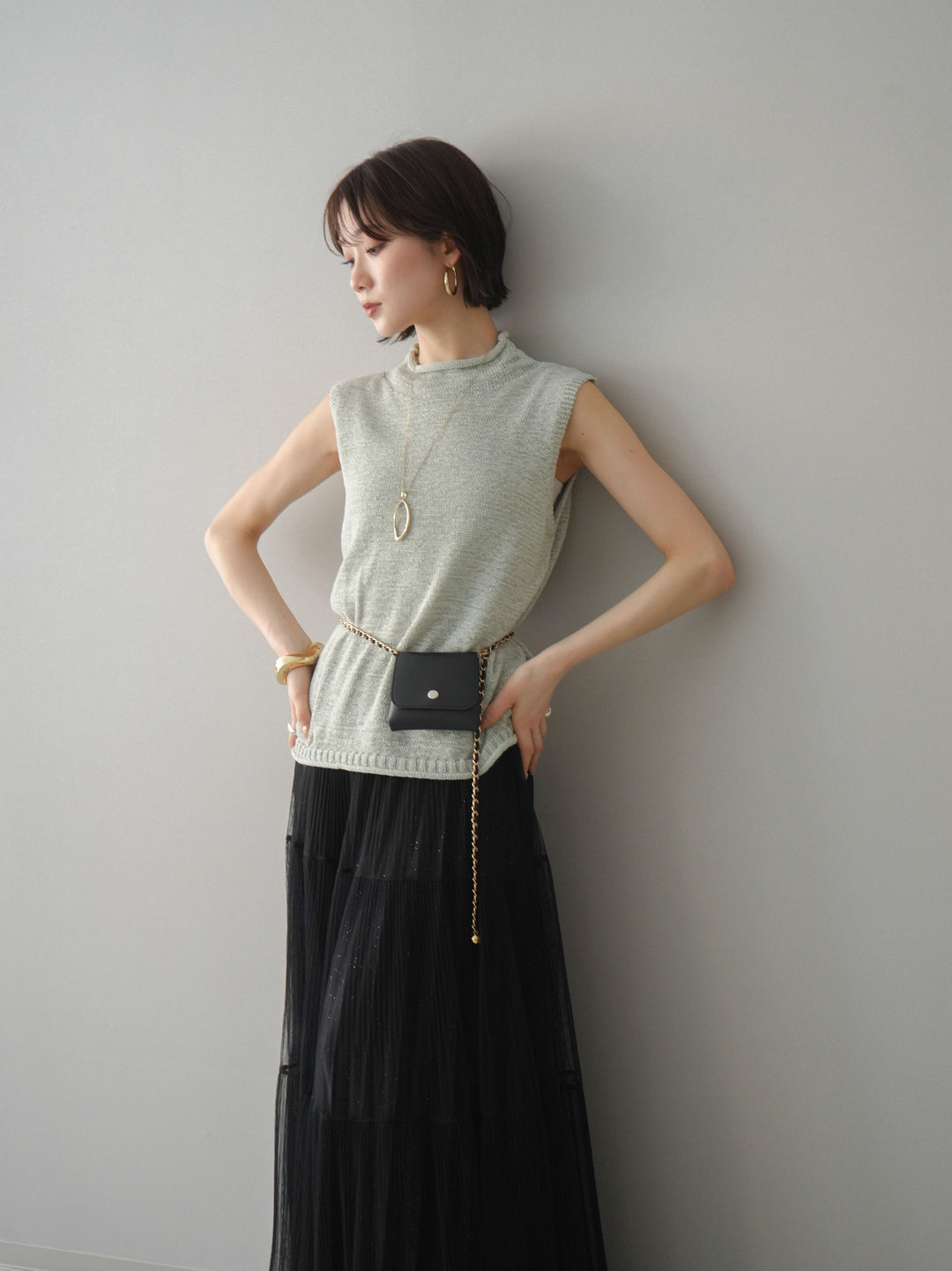 [予約]ノースリーブリネンタッチシアーニットプルオーバー/green