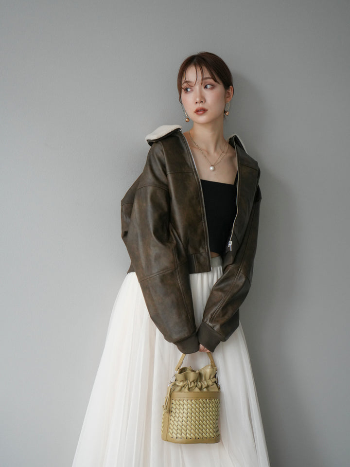 [予約]襟ボアヴィンテージレザーブルゾン/ブラウン