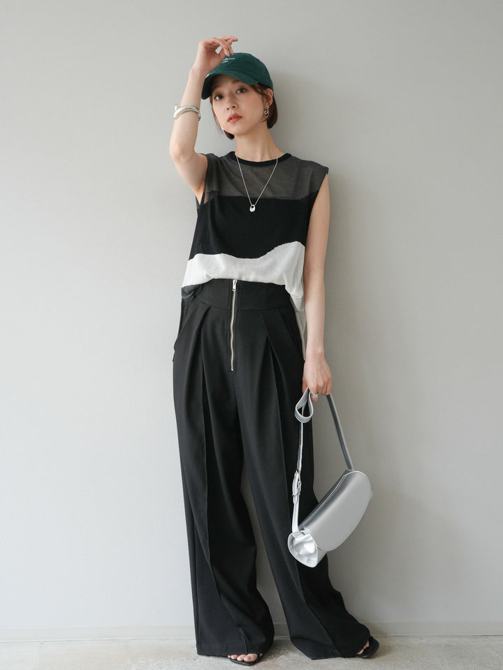 [SET]バイカラーシアーニットノースリーブ+ジップタックワイドパンツ(2set)