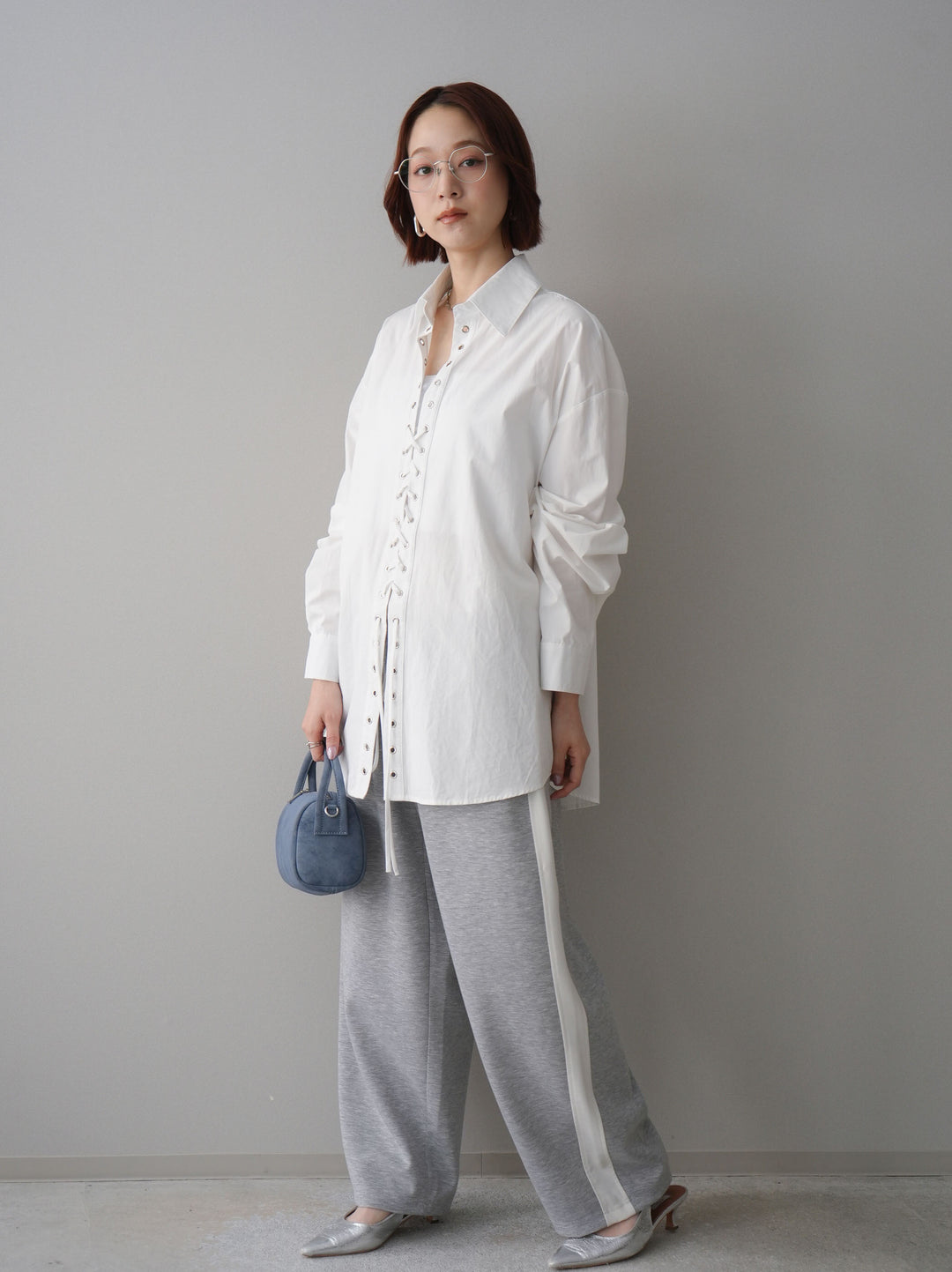 [SET]レースアップブロードシャツ+バイカラー異素材サイドラインライトポンチパンツ(2set)