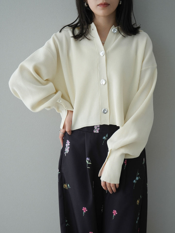 [SET]ボリュームスリーブポロニットカーディガン+フラワーアートプリントタックパンツ(2set)