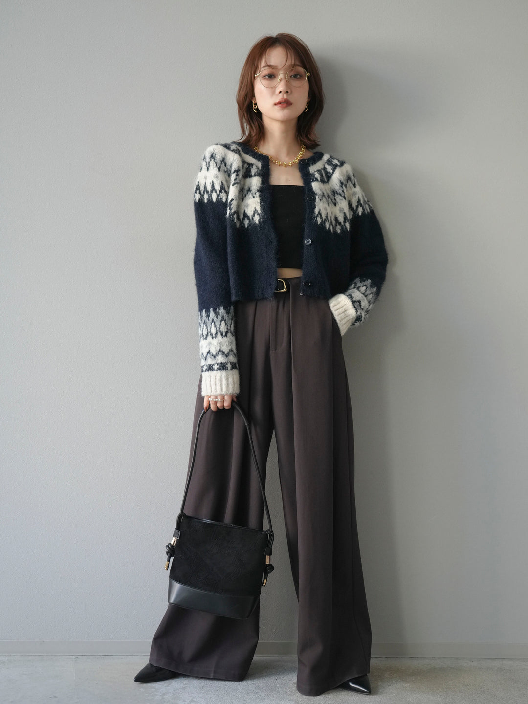 【着回しセット】[SET]求心柄クロップドニットカーディガン+異素材ミックスヤーンニットプルオーバー+ベルトループデザインワイドパンツ(3set)