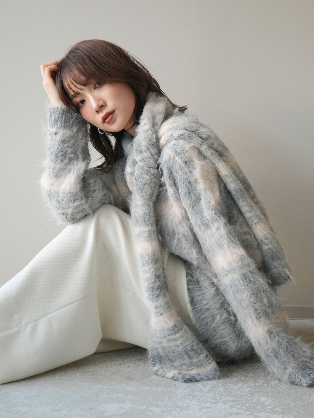 [予約]ストール付シャギーマルチボーダーニットプルオーバー/gray