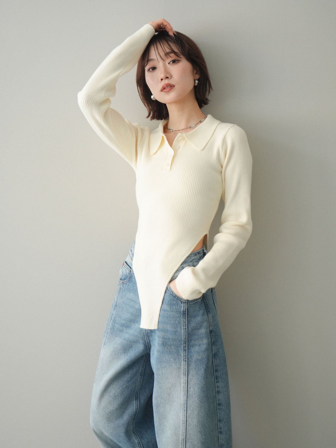 [予約]リブポロニットボディスーツ/ivory