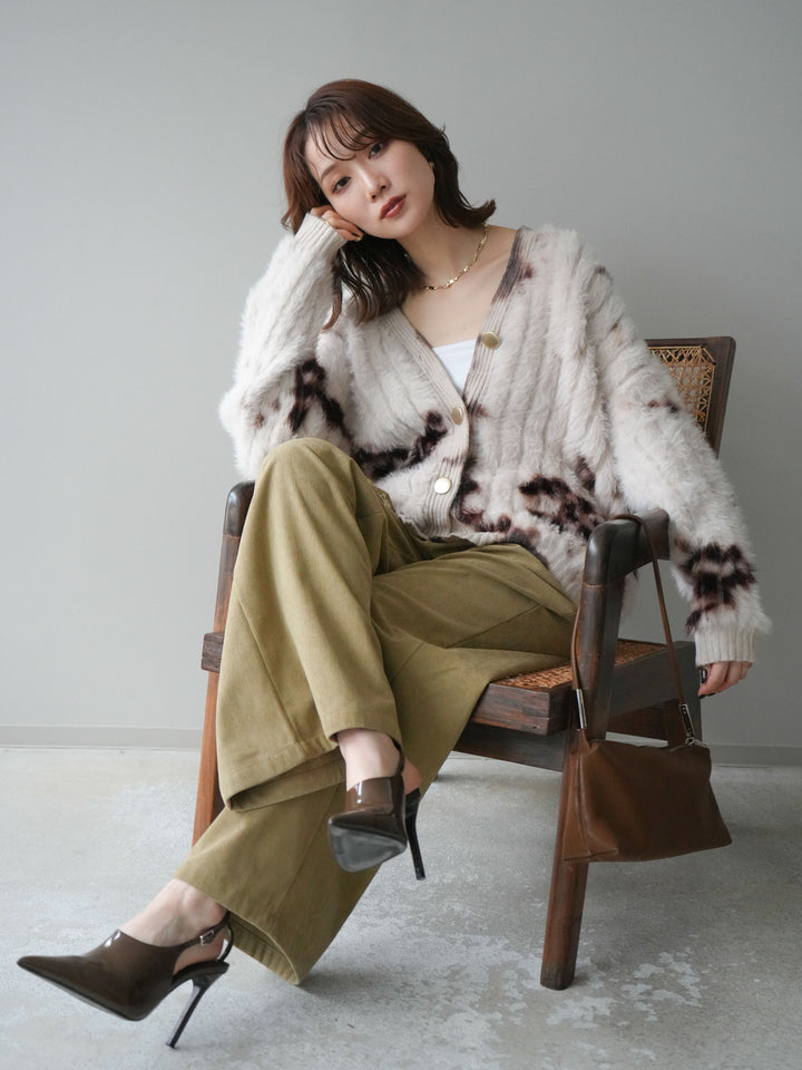 [SET]ニュアンス柄シャギーニットカーディガン+コーデュロイ巻きベルト付きパンツ(2set)