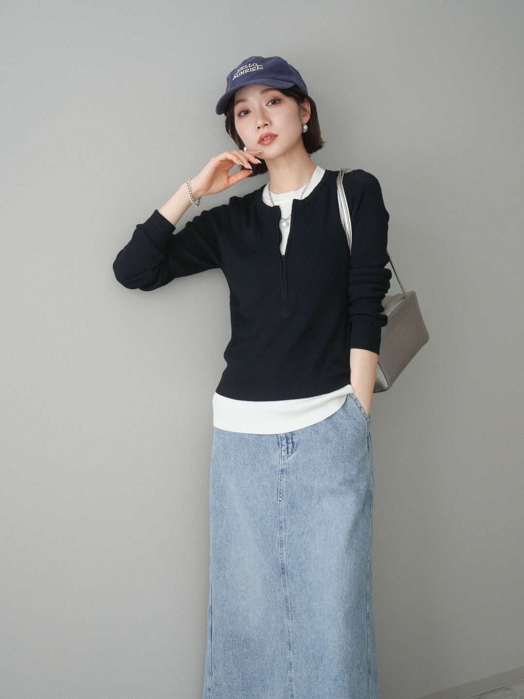 [予約]フロントジップ配色レイヤードニットトップス/navy